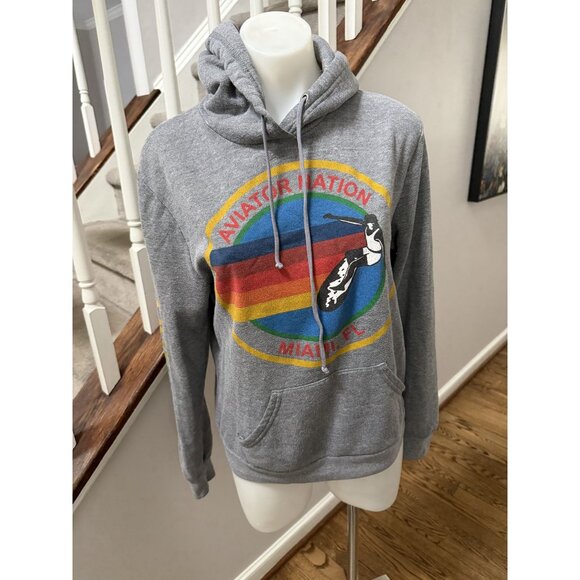 AVIATOR NATION Heather Grey MIAMI CA Drawstring Rainbow Surf Hoodie Sz M - Picture 1 of 6